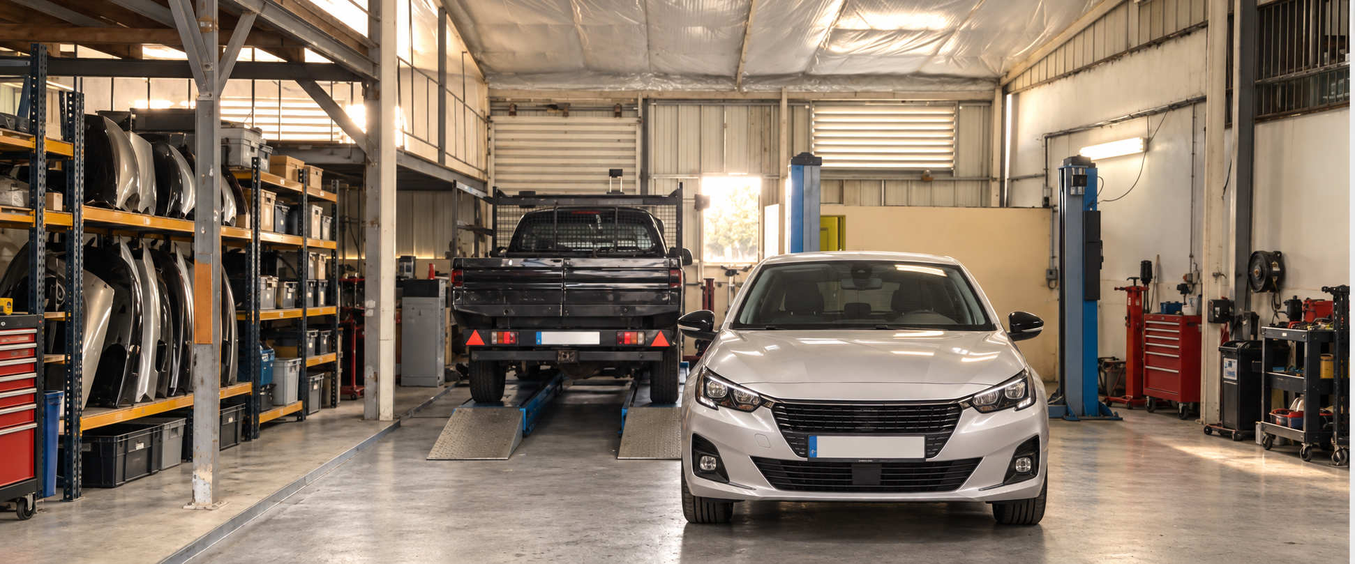 Vue de l’atelier Garage Troudart, avec une voiture au premier plan. Visuel de présentation retouché.